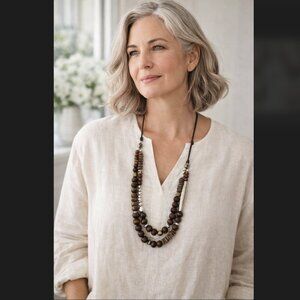 J. Jill Beaded Necklace Wood Silver Layered Adjustable Boho Neutral Statement